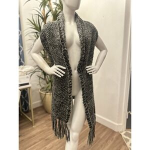 Anthropologie Escio Long Cardigan Sweater Sz L Open Front Fringe Hem Chunky Knit